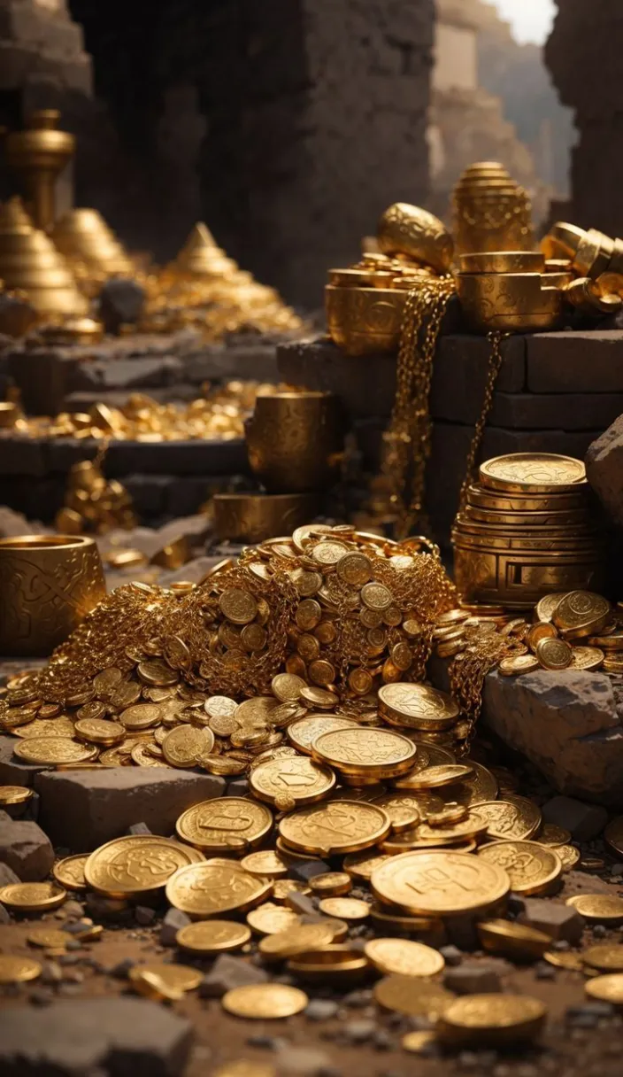 a pile of gold coins sitting on top of a table