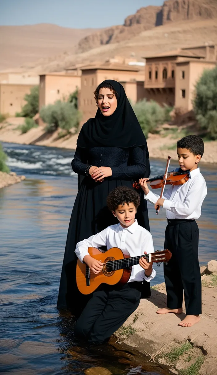 A woman singing. One boy, with curly, textured hair, is playing a classical guitar .the other boy, with a rounded haircut, is playing the violin