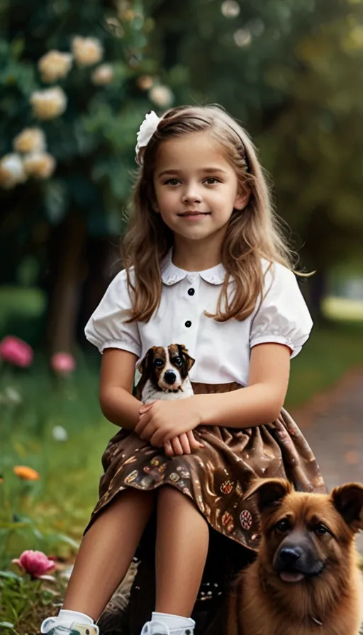 a little girl sitting on the ground with a dog