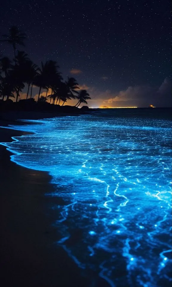 a beach that has some blue lights on it