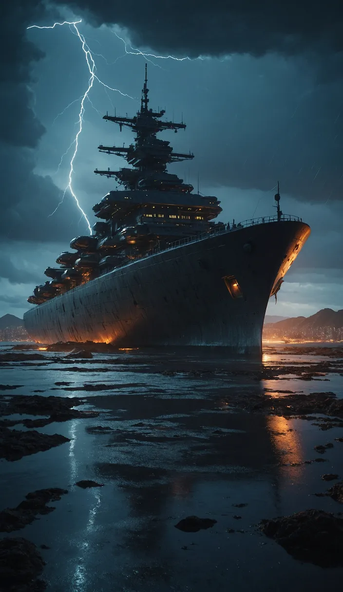 a large ship in a body of water under a cloudy sky