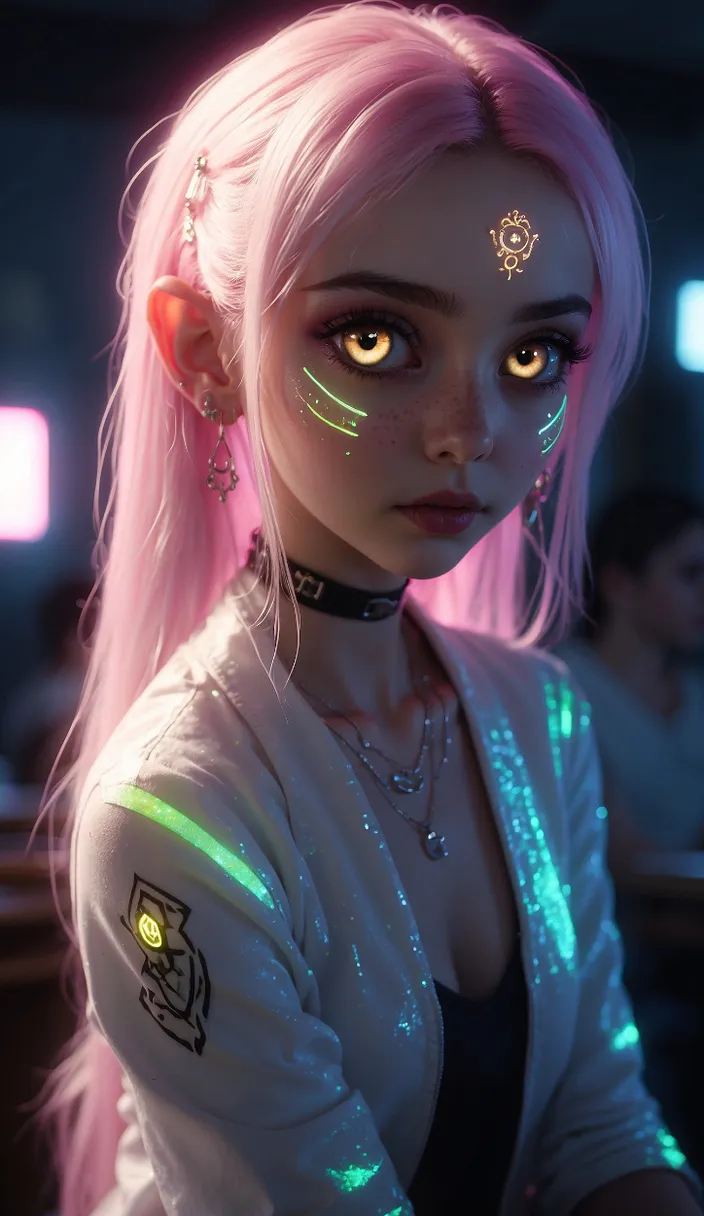 A girl with glowing eyes and pink hair in a futuristic cityscape, surrounded by neon lights and skyscrapers.