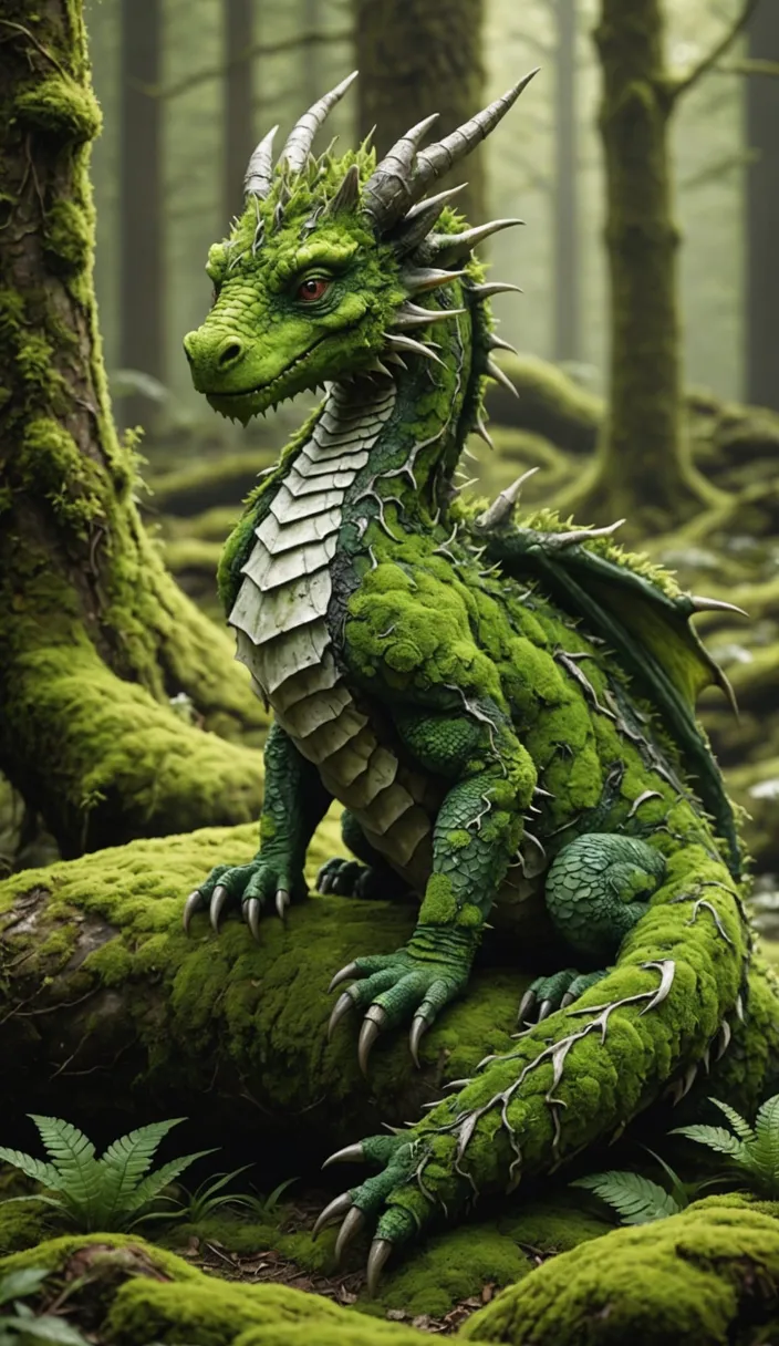 a real green dragon sitting on top of a moss in a forest