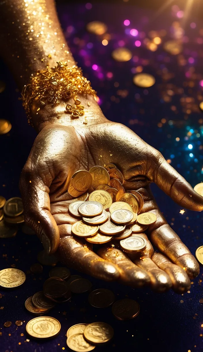 a person's hand holding a handful of gold coins