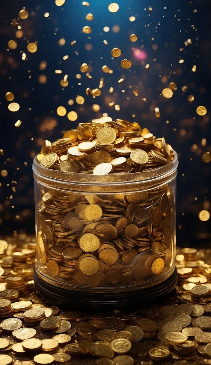 a jar filled with gold coins on top of a table