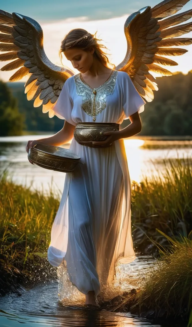 A ghost bride with a black snake wrapped around her arms holding a mirror