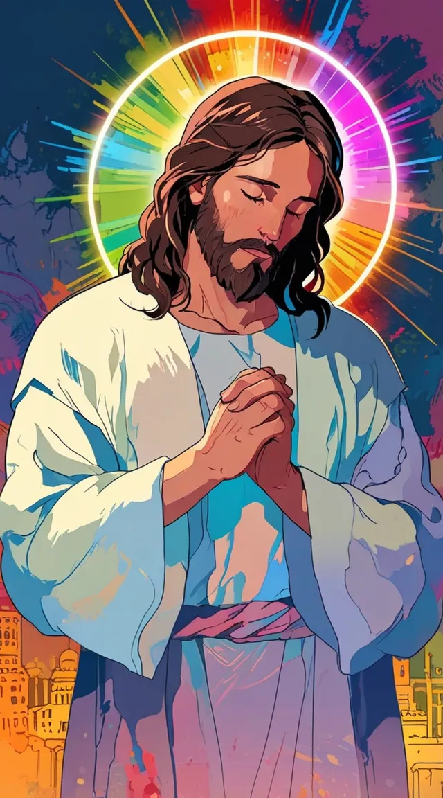 a painting of jesus holding his hands together