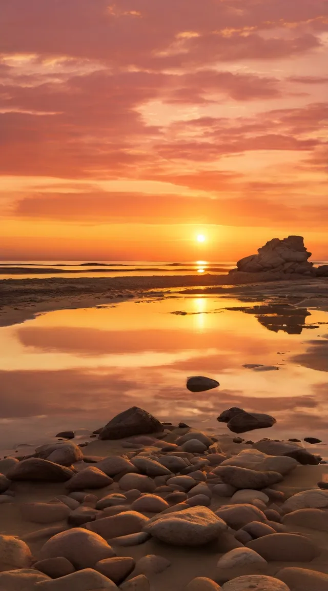 the sun is setting over a rocky beach