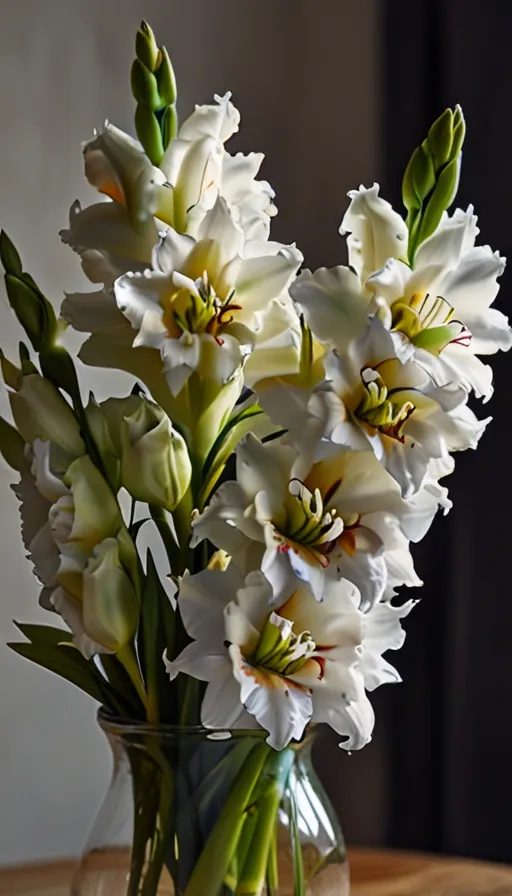 a vase filled with white flowers on top of a wooden table