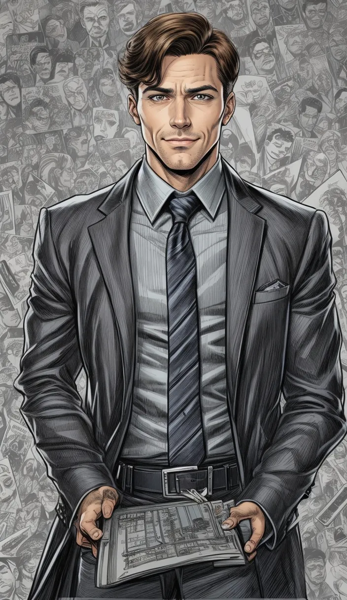 a drawing of a man in a suit holding a tablet