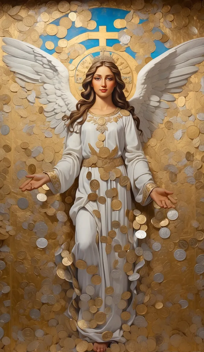 a painting of an angel surrounded by gold coins