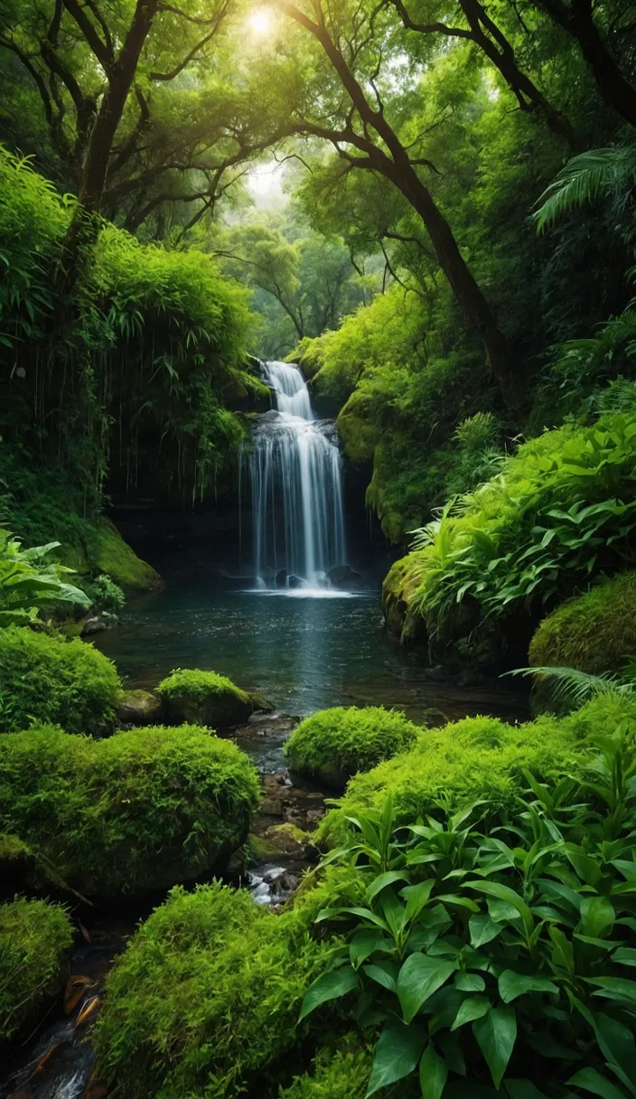 a small waterfall in the middle of a lush green forest