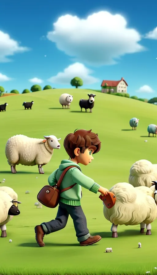 a little boy that is standing in the grass with some sheep