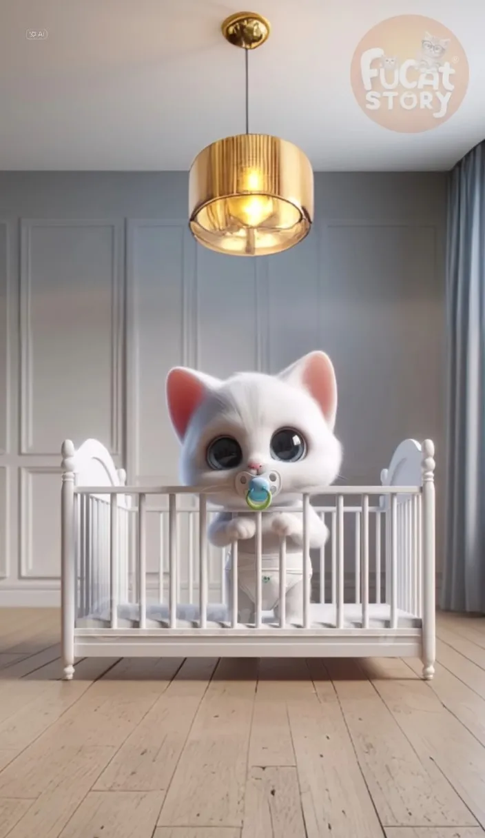 a white cat in a crib with a light hanging from the ceiling