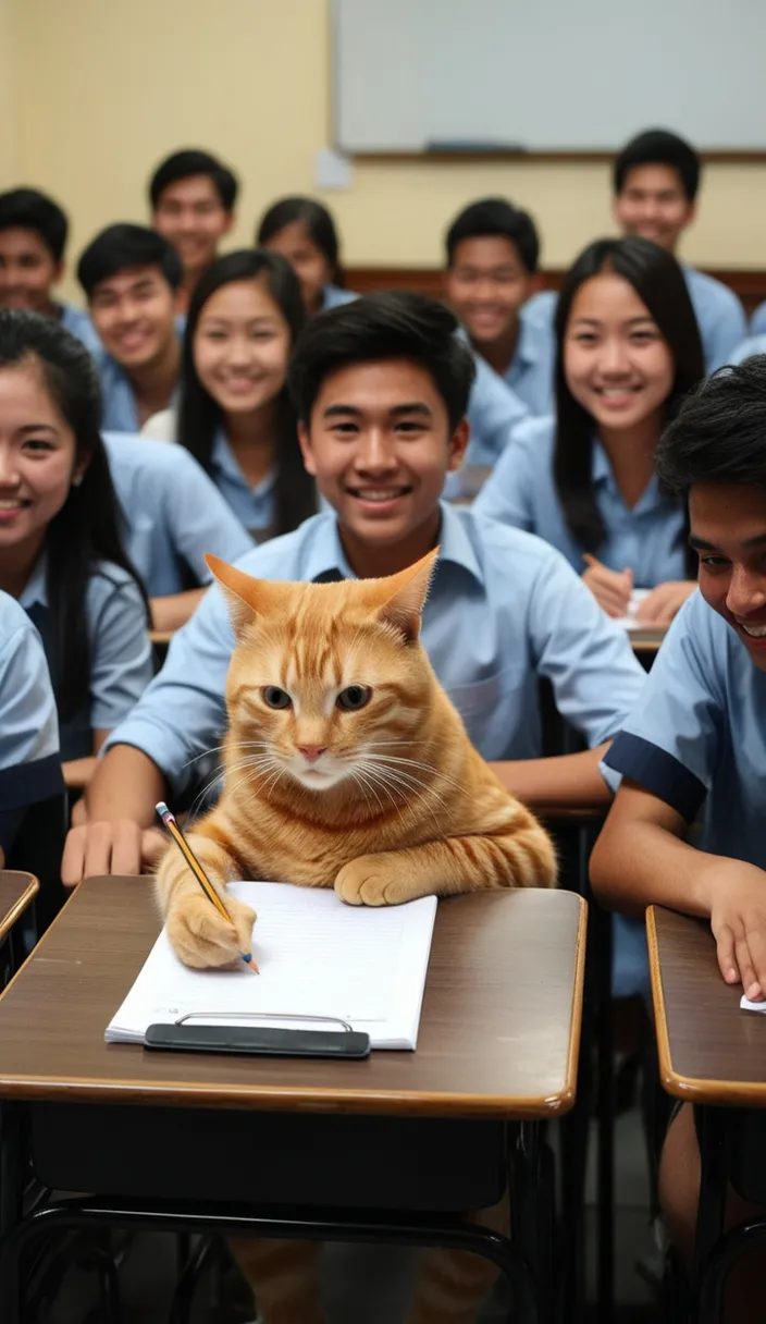 a cat sitting on top of a desk in front of a group of students