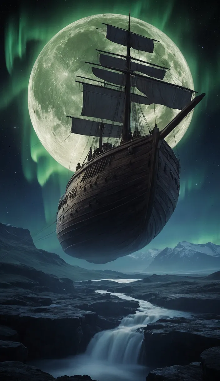 A ship sailing along a river surrounded by golden fields under a luminous full moon