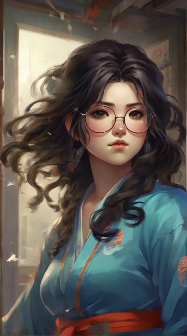 a painting of a woman with long hair and glasses