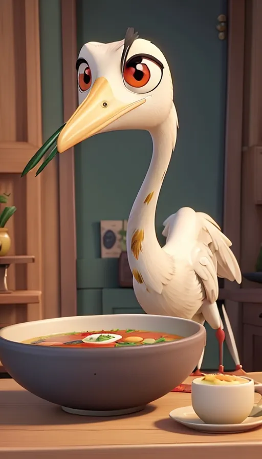 a white bird standing next to a bowl of soup