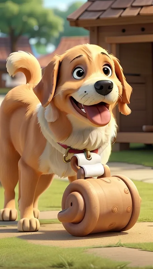 a cartoon dog standing on top of a piece of wood