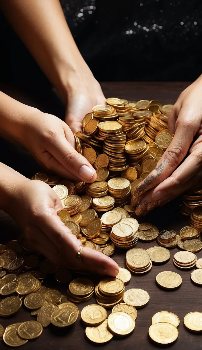 two hands reaching for a pile of gold coins