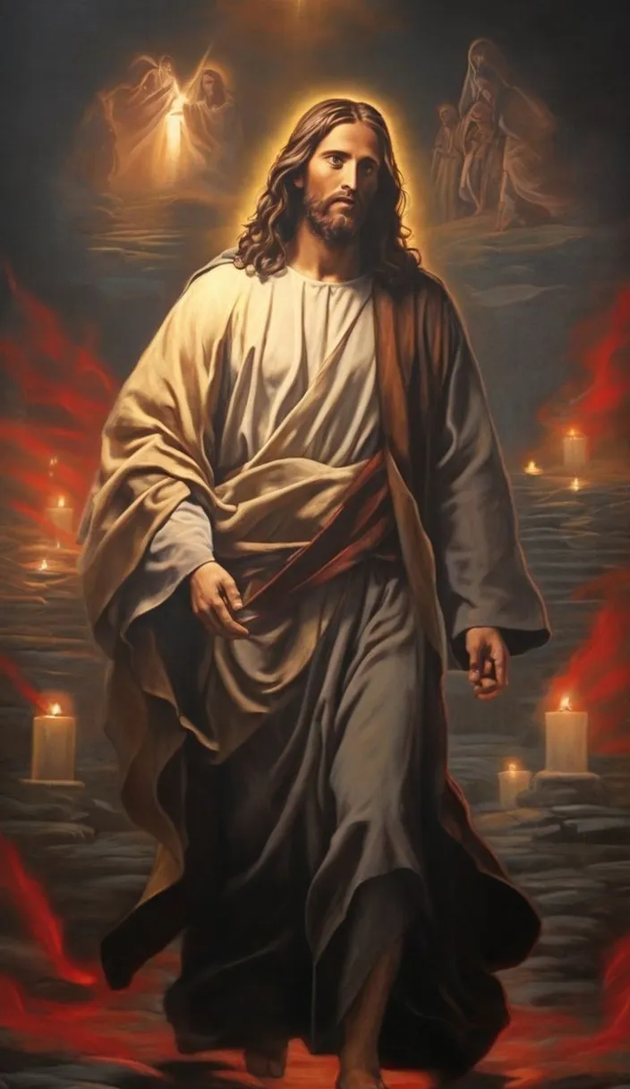 a painting of jesus walking through the water