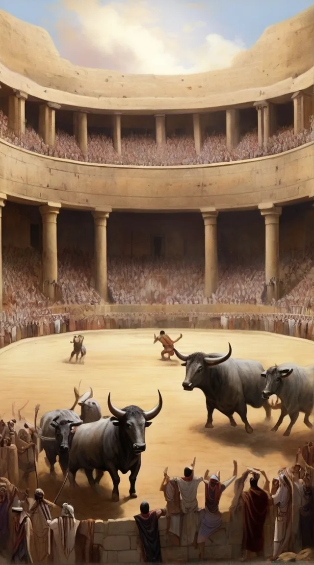 a painting of a bullfight in a large arena