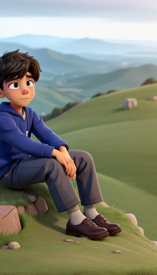 a boy sitting on a rock in the middle of a field