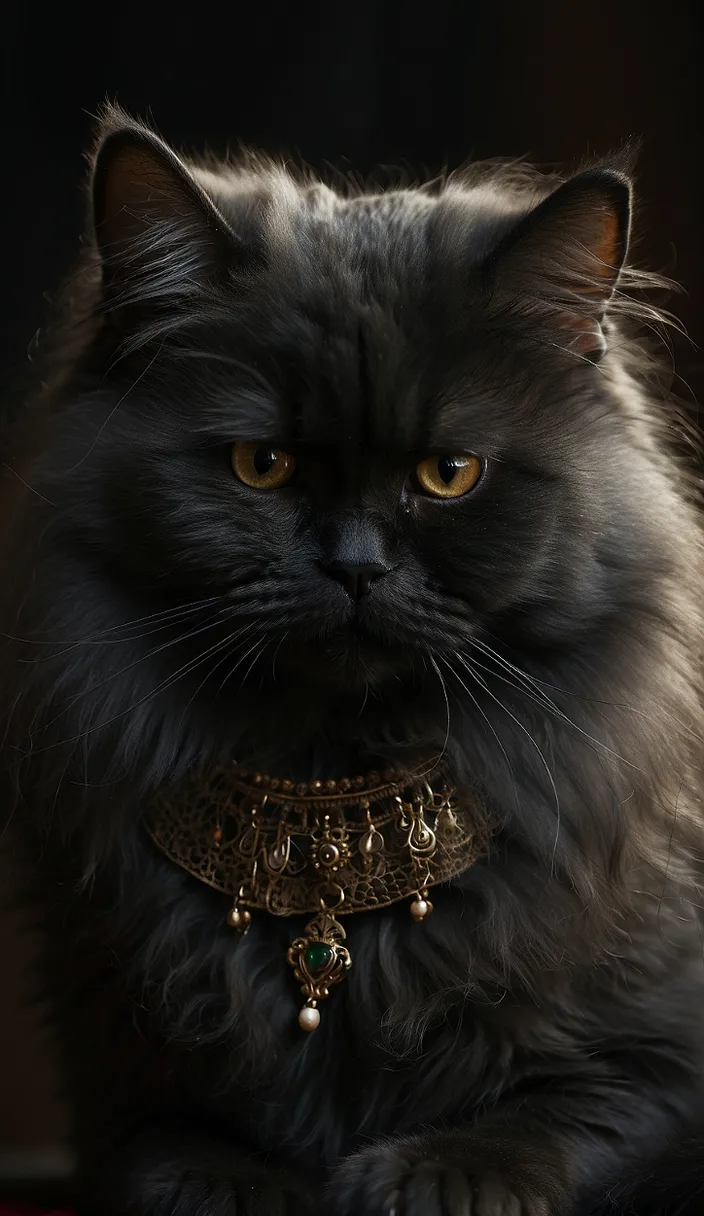 a beautiful black Persian cat with a gold collar sitting on a table, ultra-realistic, 4k