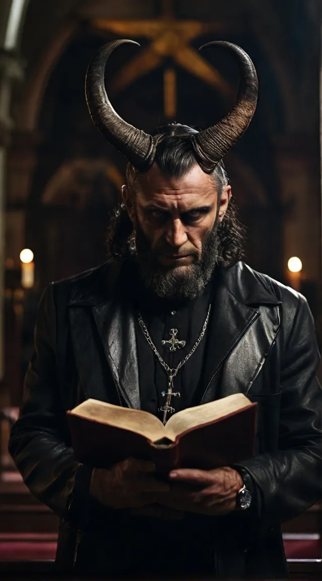 a man with long hair and horns reading a book