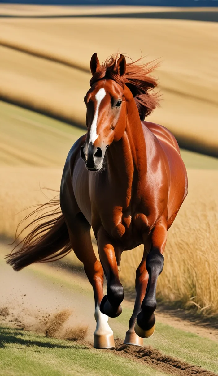 a brown horse running through a field of grassA majestic horse in motion, galloping across a vast open field, showcasing its strength and speed.