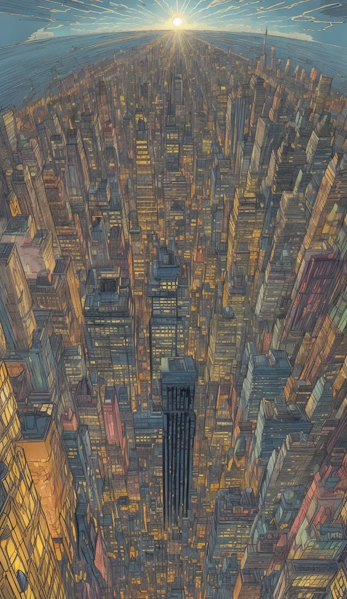 a painting of a city with tall bu