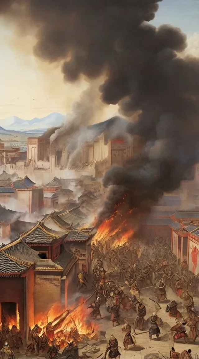 a painting of a fire burning in a city