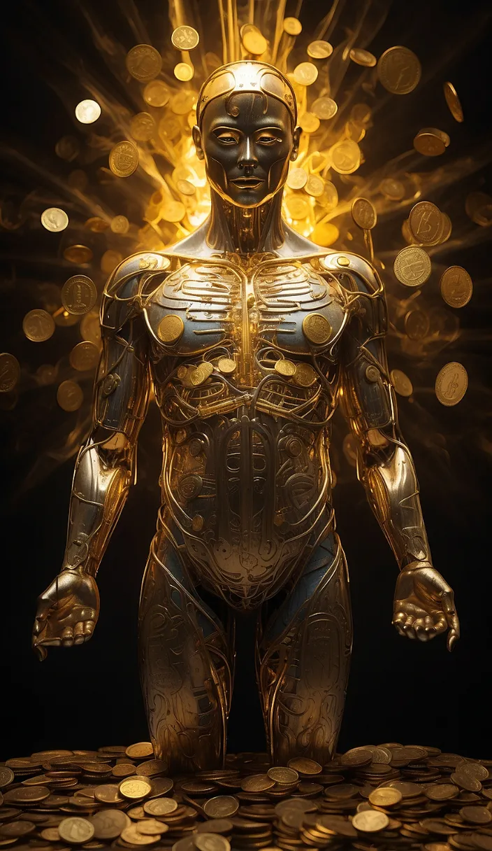 a golden robot standing on top of a pile of gold coins