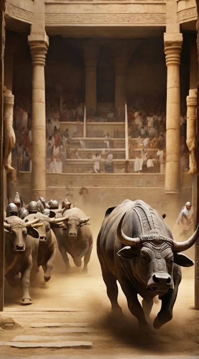 a painting of a bull running through a crowd of people