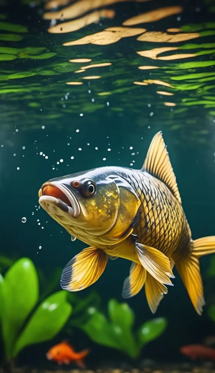 a fish swimming in a pond with algae