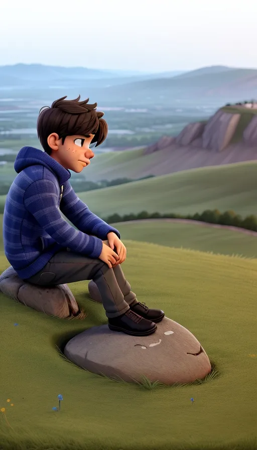 one boy sitting on a rock in the middle of a field