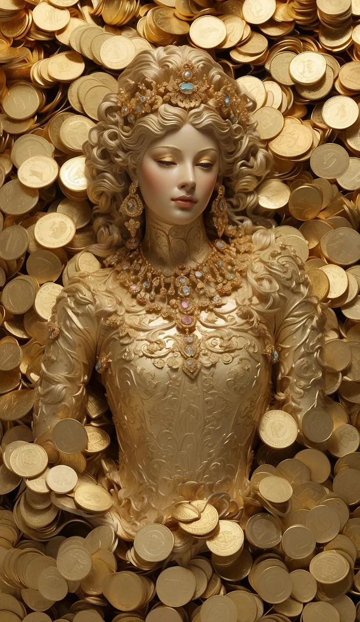 a statue of a woman surrounded by gold coins