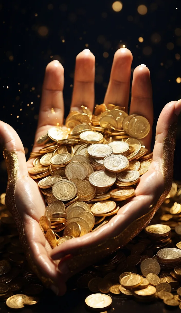 Hand in a sandy pit holding a handful of gold coins