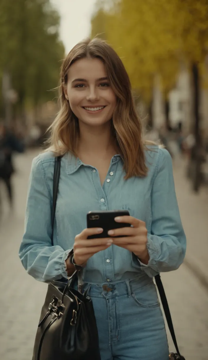 a woman in a blue shirt with bring bag store is looking at her cell phone