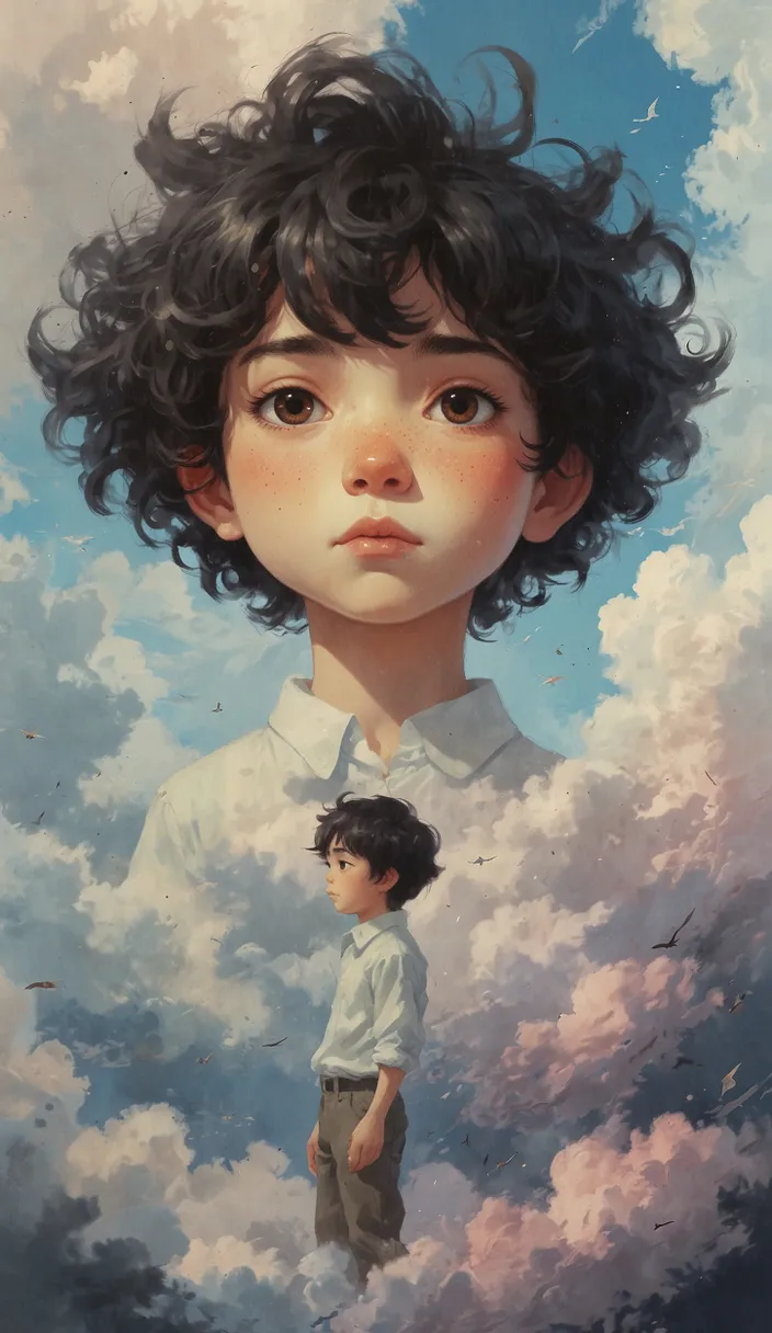 a painting of a boy standing on top of a cloud filled sky