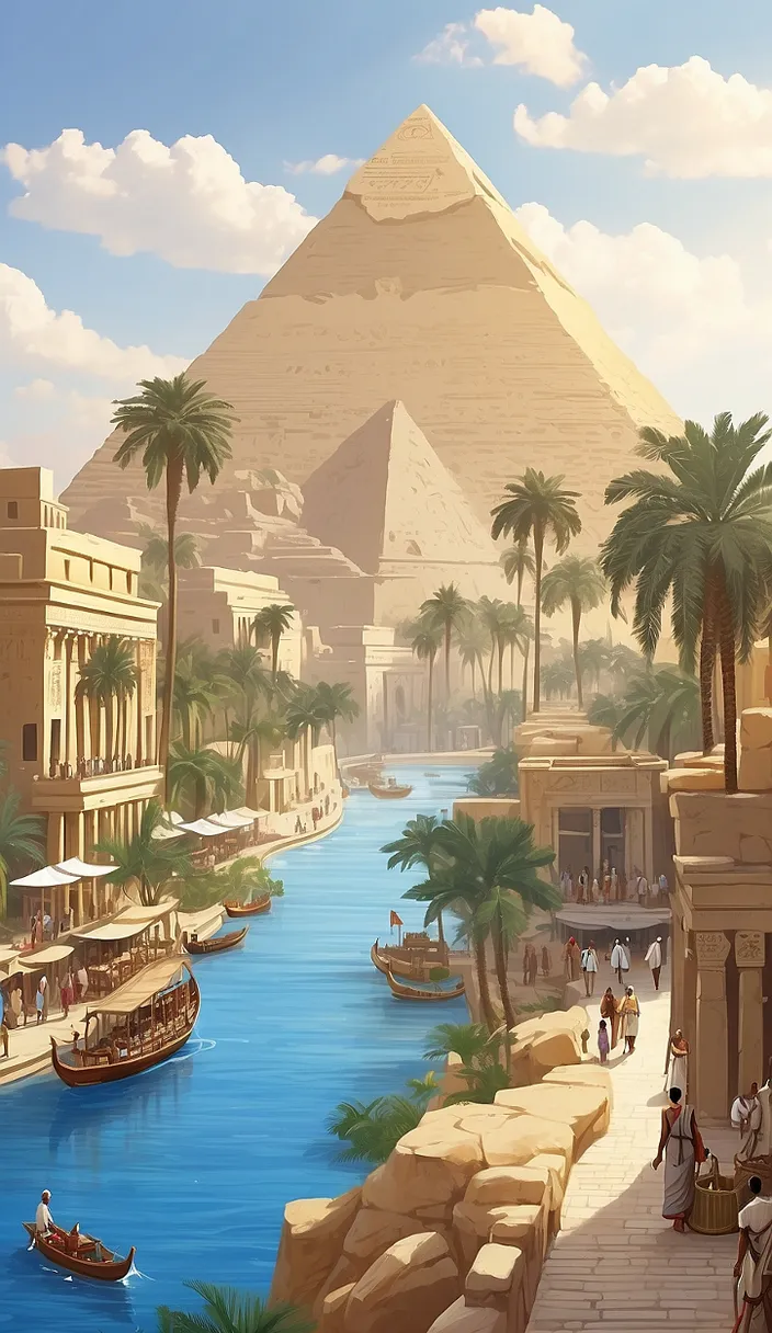 a painting of a river with a pyramid in the background