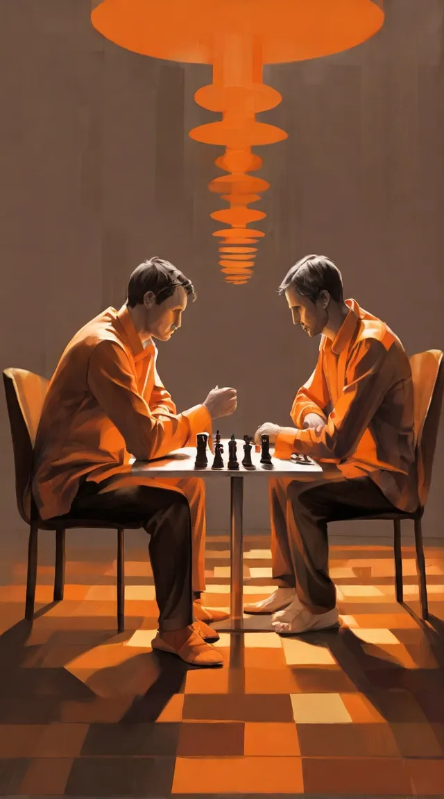 two men sitting at a table playing chess