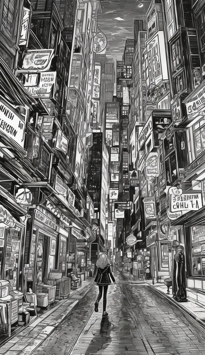 a drawing of a woman walking down a city street