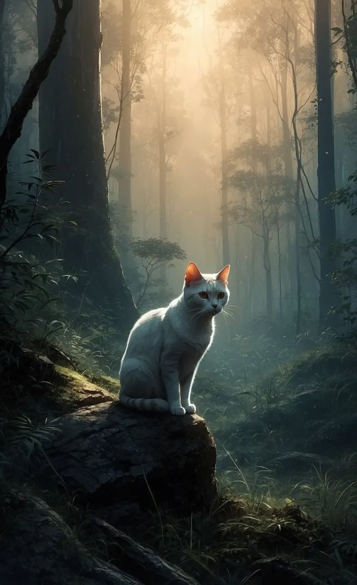 a white cat sitting on top of a rock in a forest