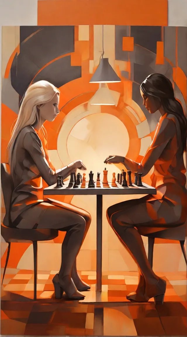 two women sitting at a table playing chess