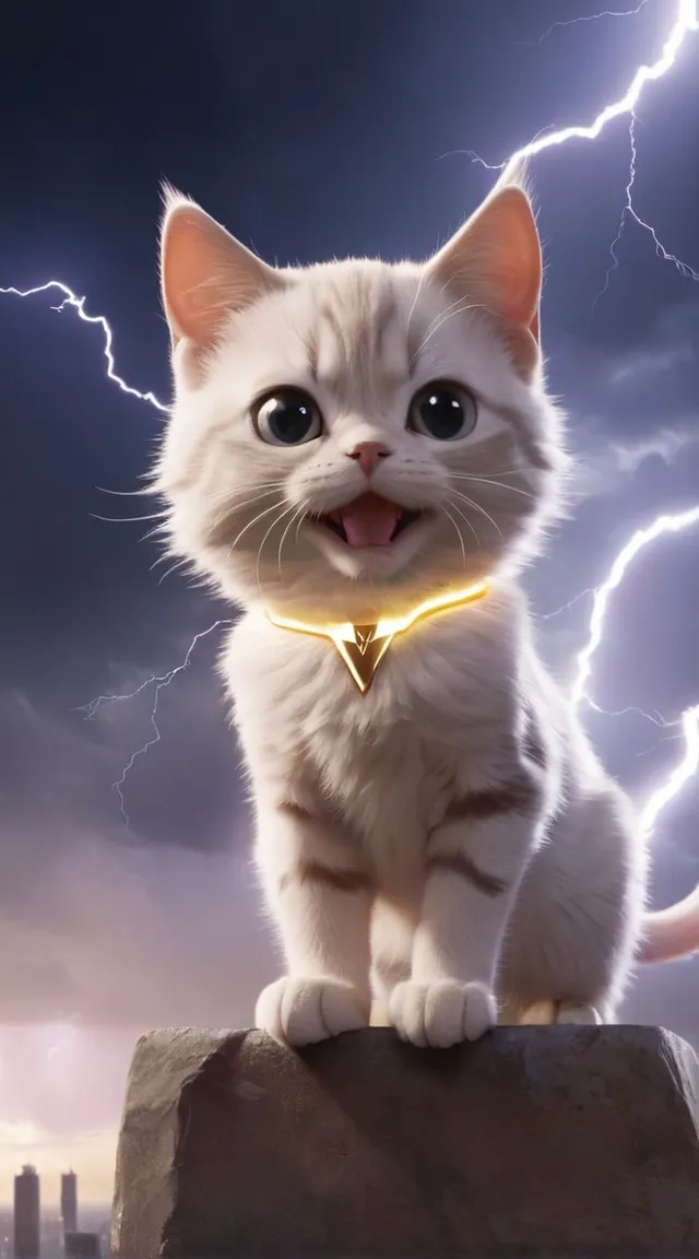 a white cat with a yellow collar and lightning in the background