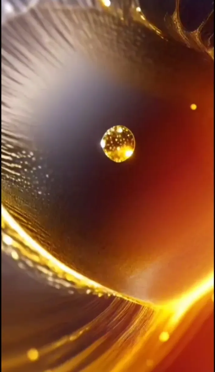 a close up of a shiny surface with a drop of water капля превращается в золотой череп