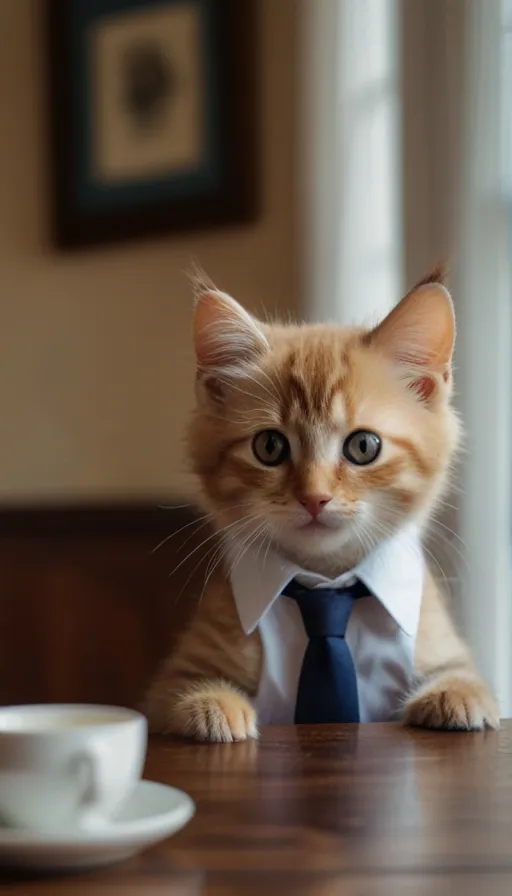 a small kitten wearing a tie and sitting at a table