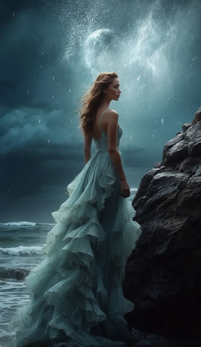 a woman in a long dress standing on a rock by the ocean