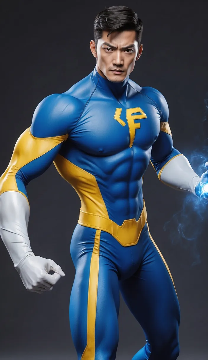 a man in a blue and yellow costume